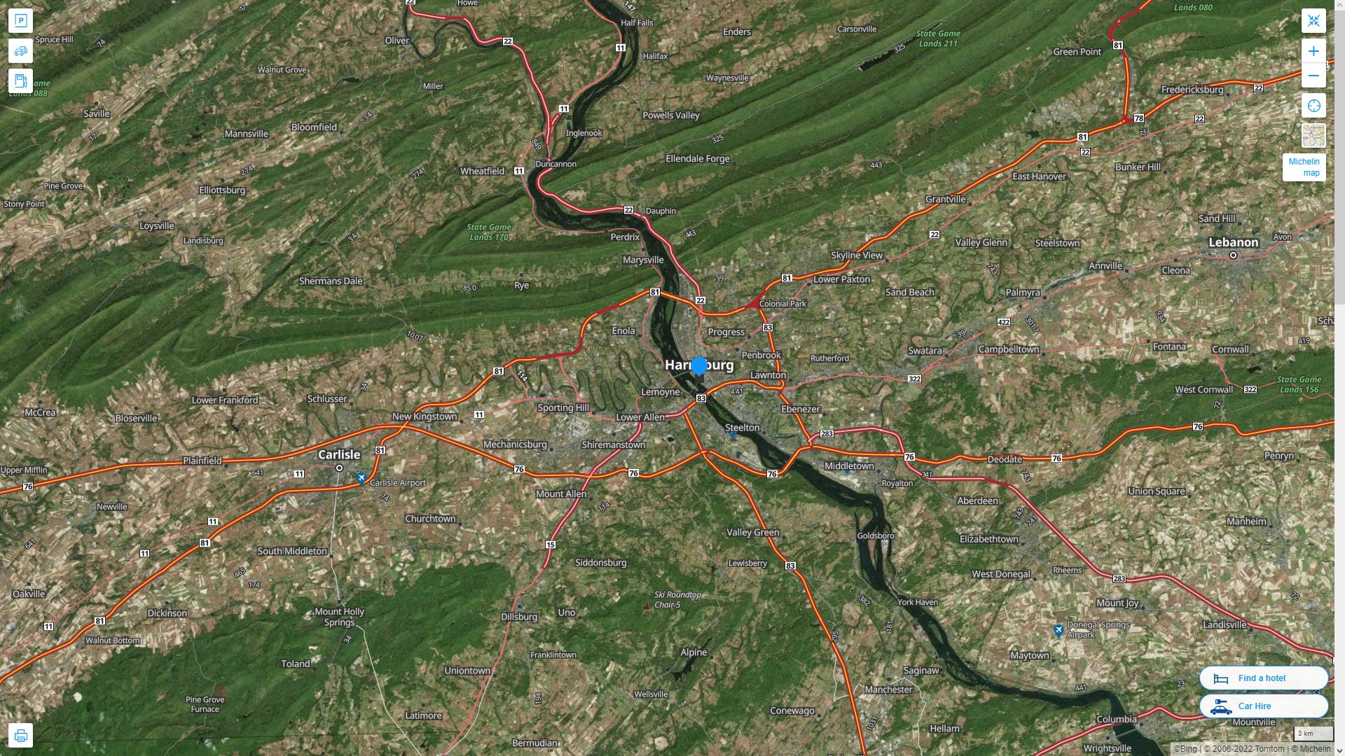 Harrisburg Pennsylvania Highway and Road Map with Satellite View